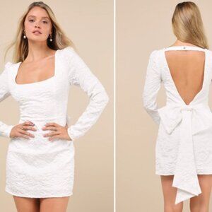 NWT Lulus Elevated Icon White Jacquard Long Sleeve Bow Mini Dress - Size Medium